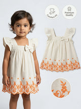 Cream Embroidered Girls Frock with Ruffle Sleeves