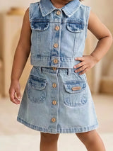 Girls' Sleeveless Denim Vest and Button-Front Skirt Co-ord Set - Light Blue