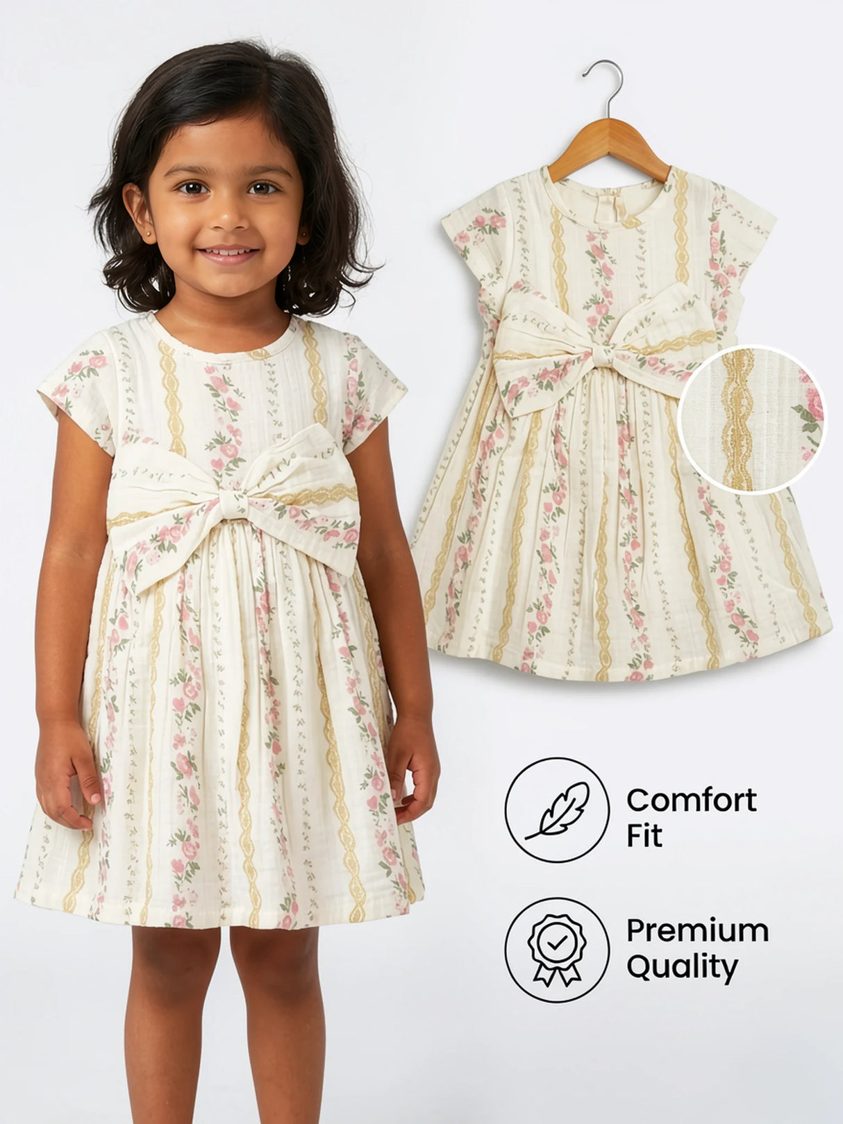Elegant Cream Floral Bow Frock for Girls