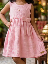 Girls' Pastel Pink Textured Cotton Frock with Bow Detail