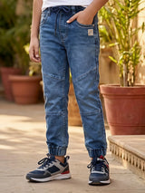 Boys' Dark Blue Melange Fleece Joggers with Neon Yellow Drawstring