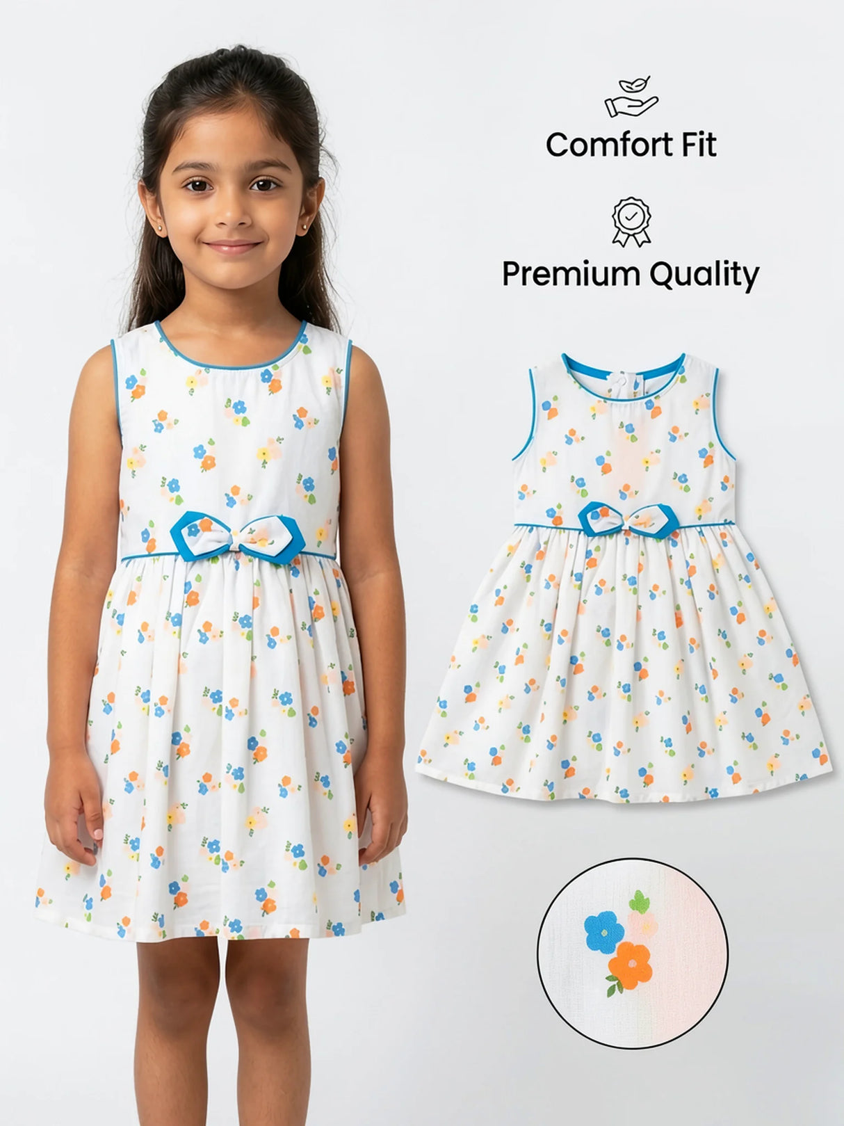 Girls Blue Floral Print Cotton Frock