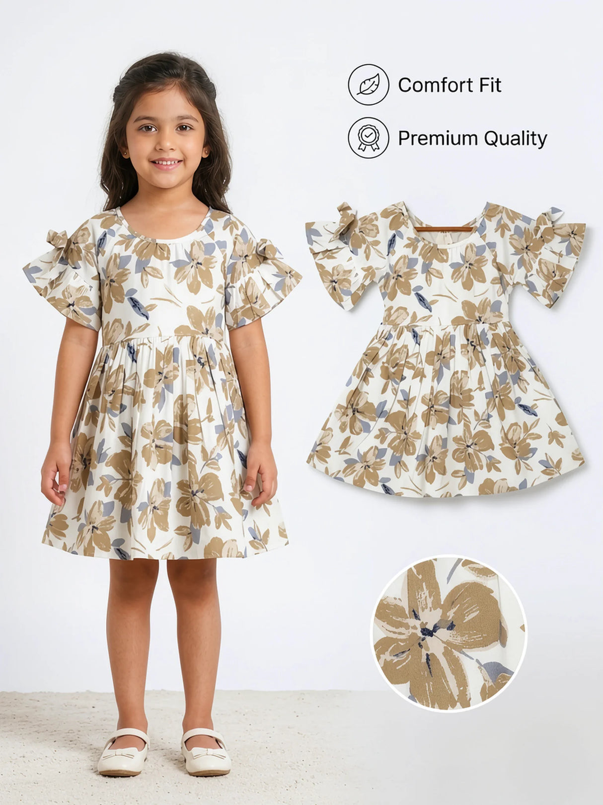 Cream Floral Cold-Shoulder Frock for Girls