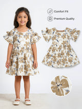 Cream Floral Cold-Shoulder Frock for Girls