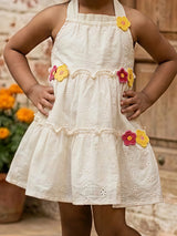 Little Girls' Sun-Kissed Yellow Floral Appliqué Cotton Frock