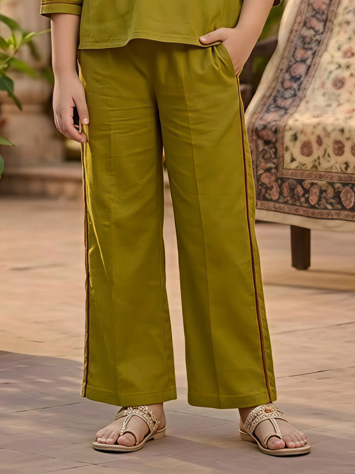 Girls Olive Green Embroidered Plazo Set