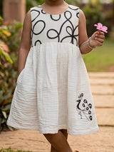 Girls' Elegant White Cotton Frock with Peacock Embroidery
