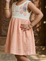 Dual-Tone Peach Cotton Frock with Floral Embroidery