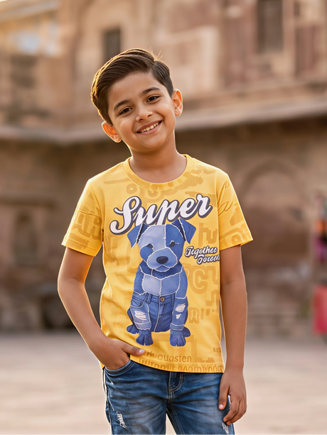 Boys Yellow Graphic Print Cotton T-Shirt