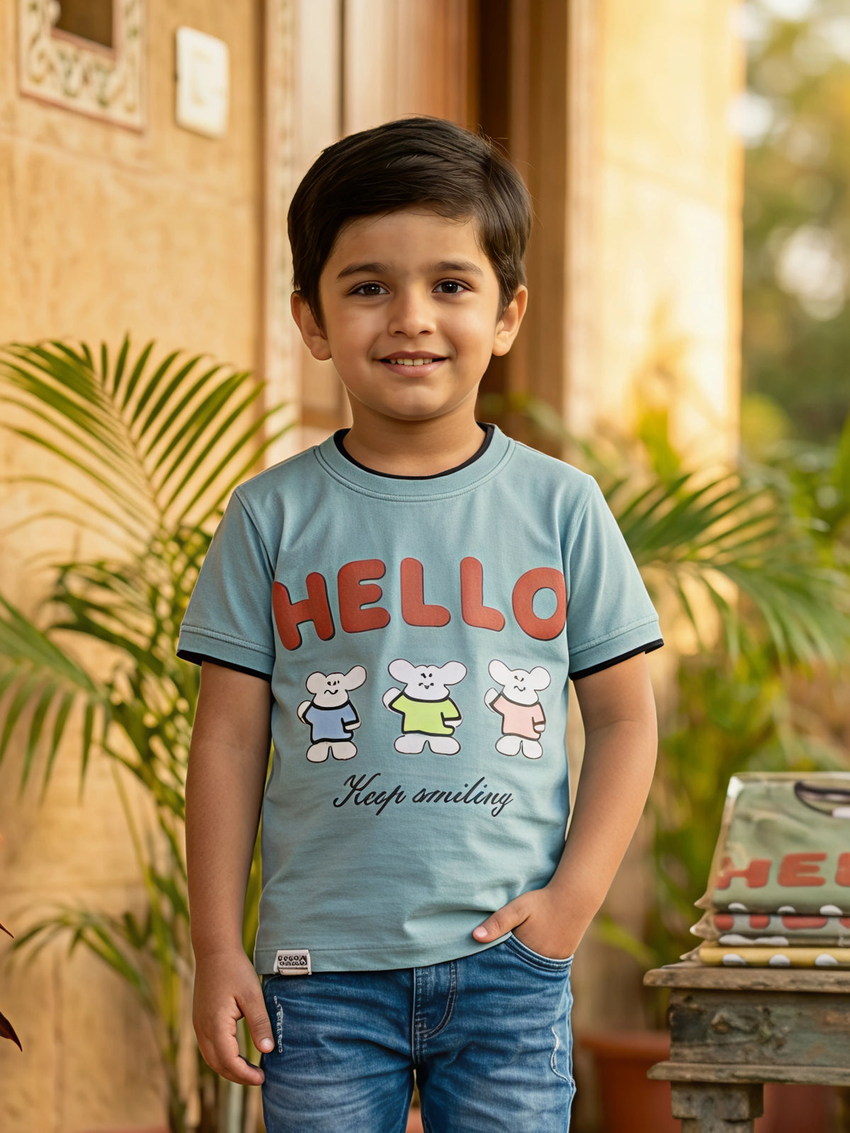 Boys Blue "HELLO" Graphic Print Cotton T-Shirt