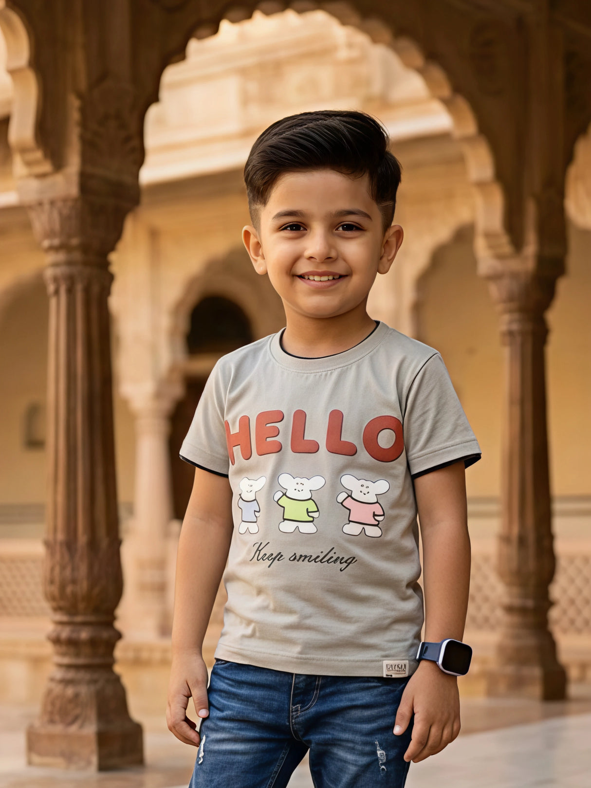 Boys Grey "HELLO" Graphic Print Round Neck T-Shirt
