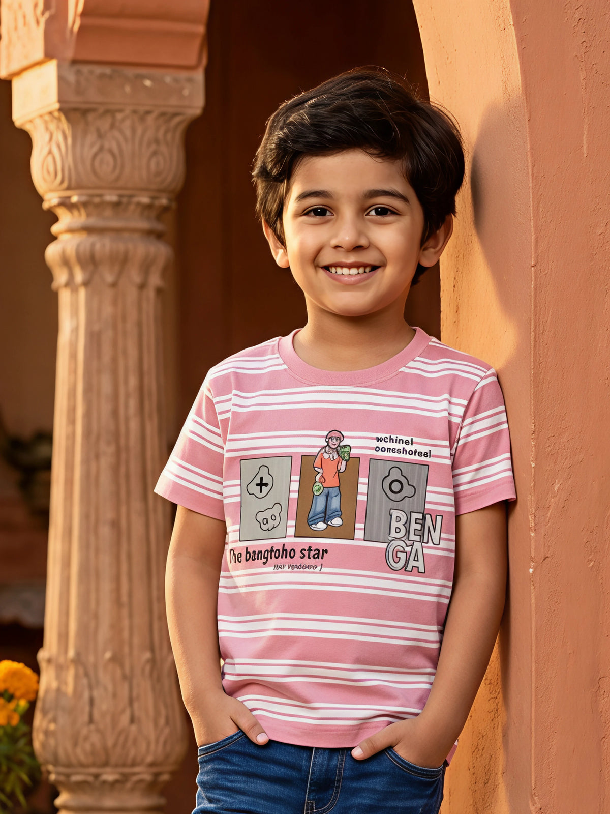 Boys' Pink Striped Graphic Print Cotton Casual T-Shirt