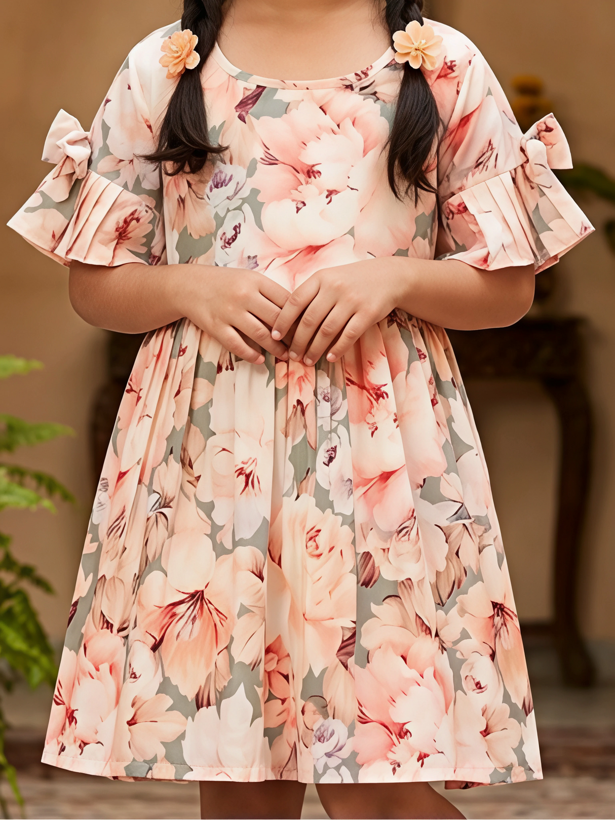Girls Peach Floral Print Cold-Shoulder A-Line Frock