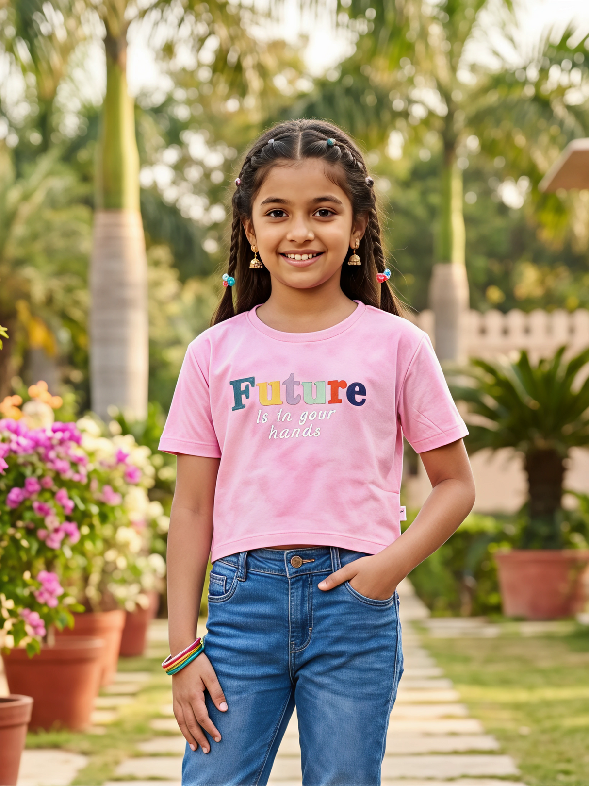 Girls' Pink "Future" Graphic Tie-Dye Crop Top