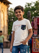 Boys' Elegant Cream Crew Neck T-Shirt with Contrast Pocket
