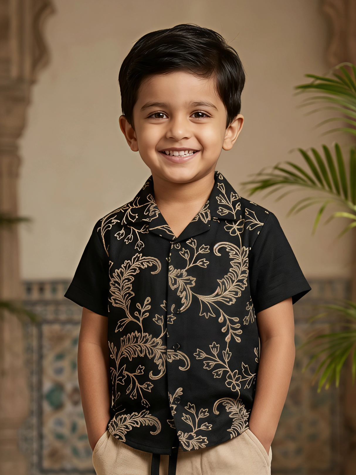 Boys Black Floral Print Cuban Collar Shirt and Beige Shorts Co-ord Set