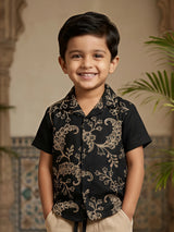 Boys Black Floral Print Cuban Collar Shirt and Beige Shorts Co-ord Set