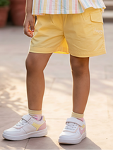Girls Pastel Striped Ruffle Top and Yellow Cargo Shorts Coordinate Set