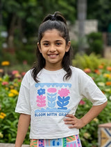 Girls Bloom With Grace Blue Graphic Top and Printed Skirt Set