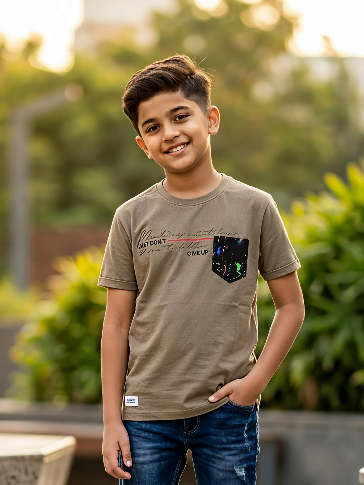 Boys Olive Green Graphic Pocket T-Shirt
