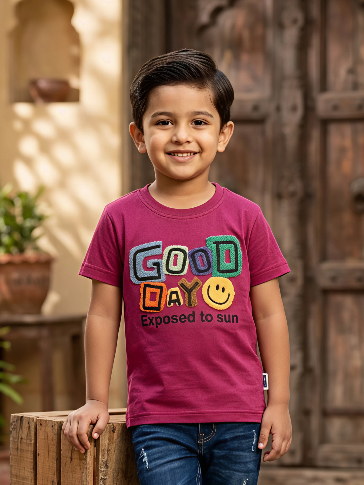 Boys Maroon "Good Day" Graphic Cotton T-Shirt