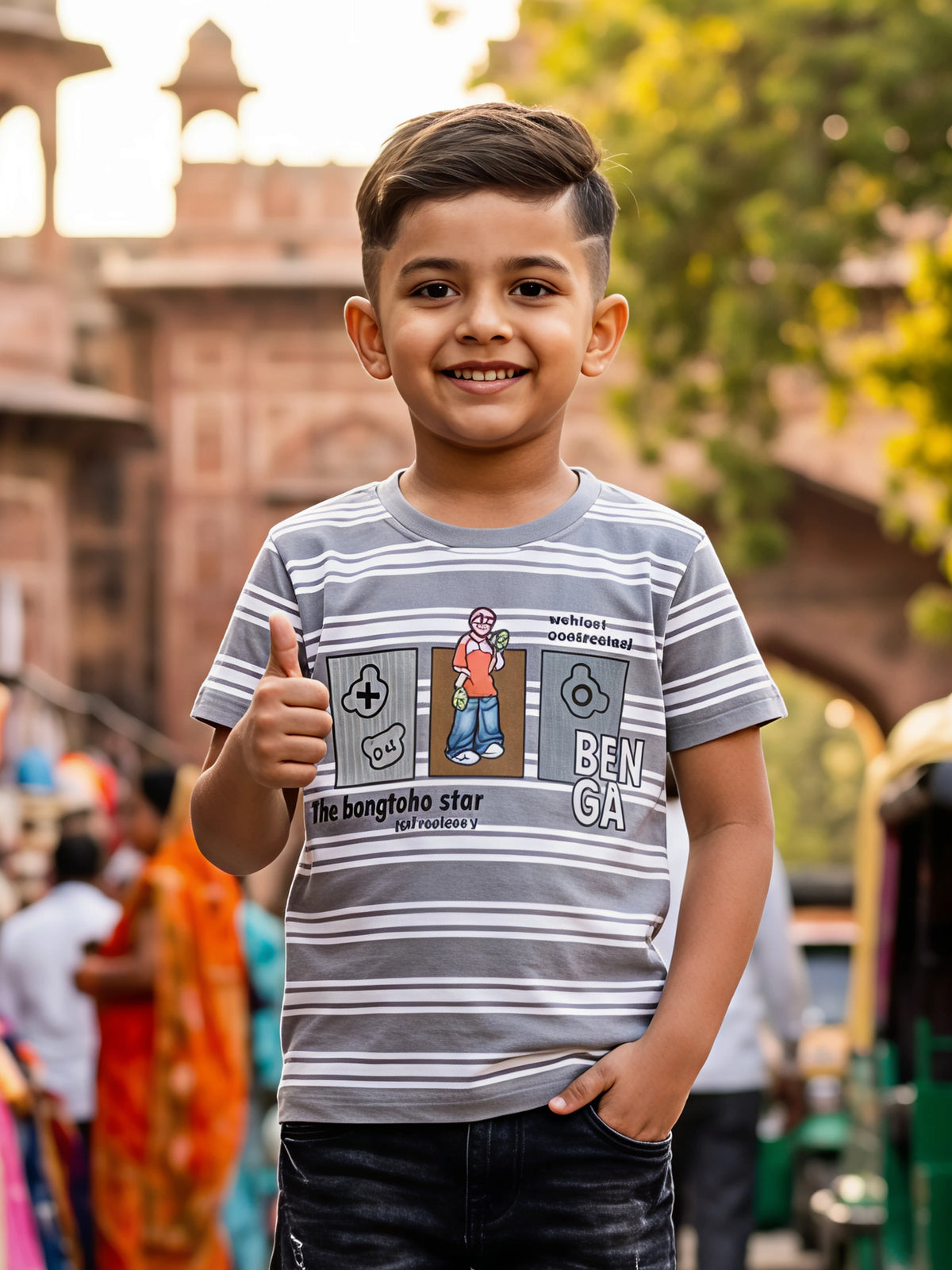 Boys' Casual Grey Striped Graphic T-Shirt
