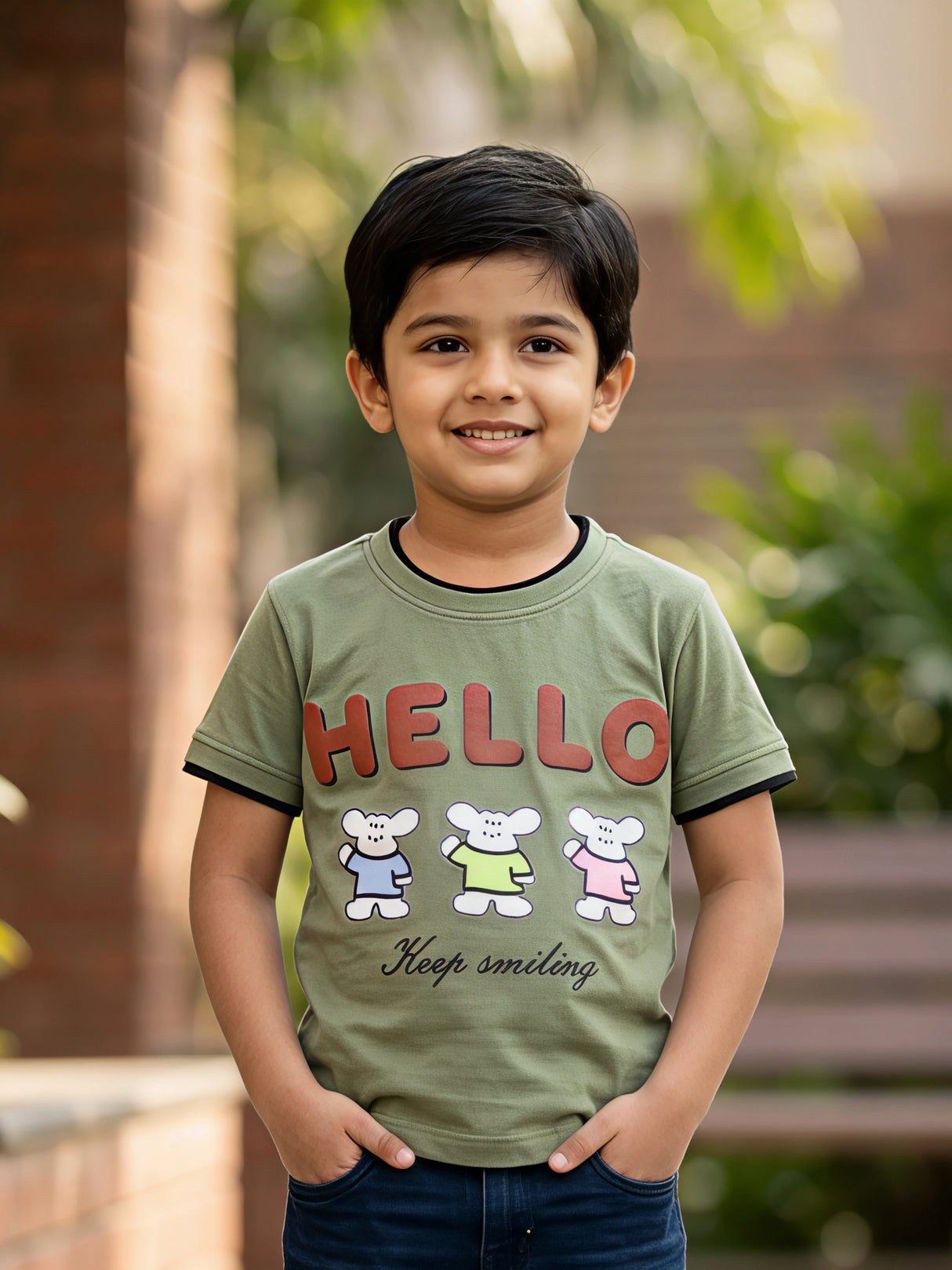 Boys Olive Green "Hello" Graphic T-Shirt