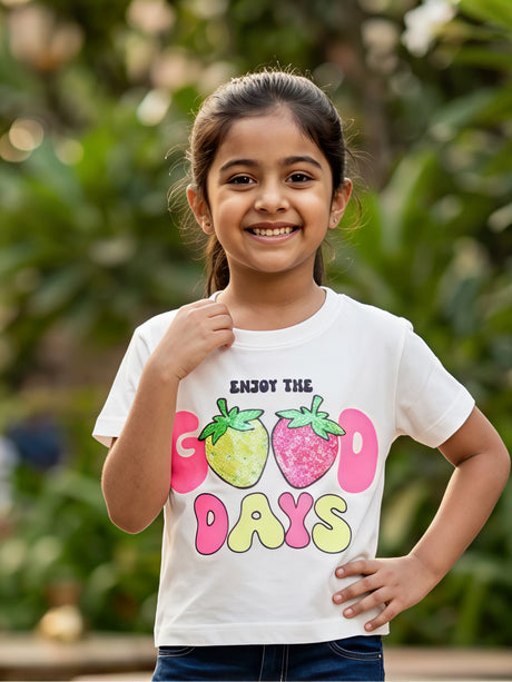 Girls' White "Enjoy The Good Days" Sequin Strawberry Graphic Top