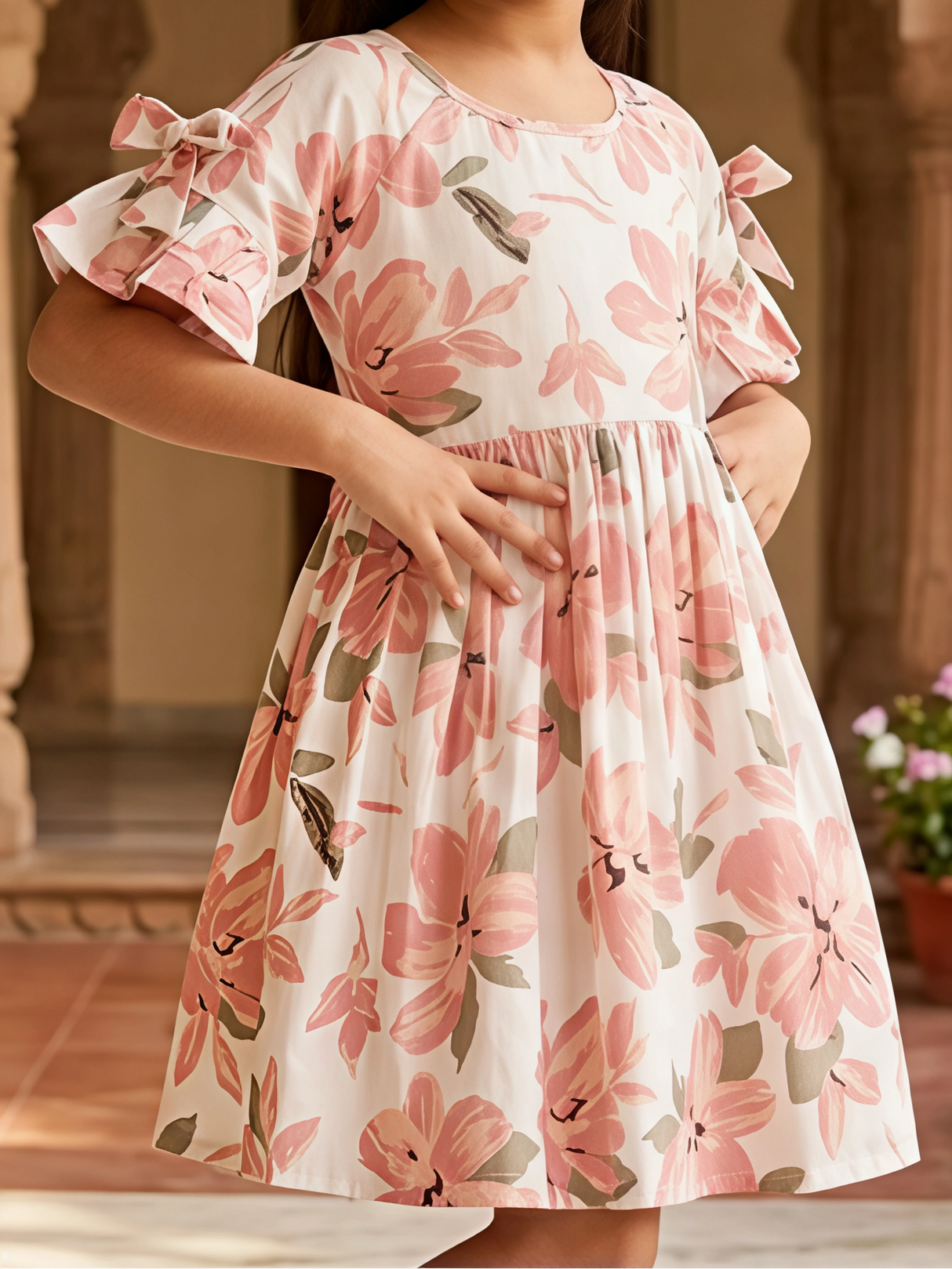 Girls Peach Floral Print Cotton Frock with Bow Sleeves