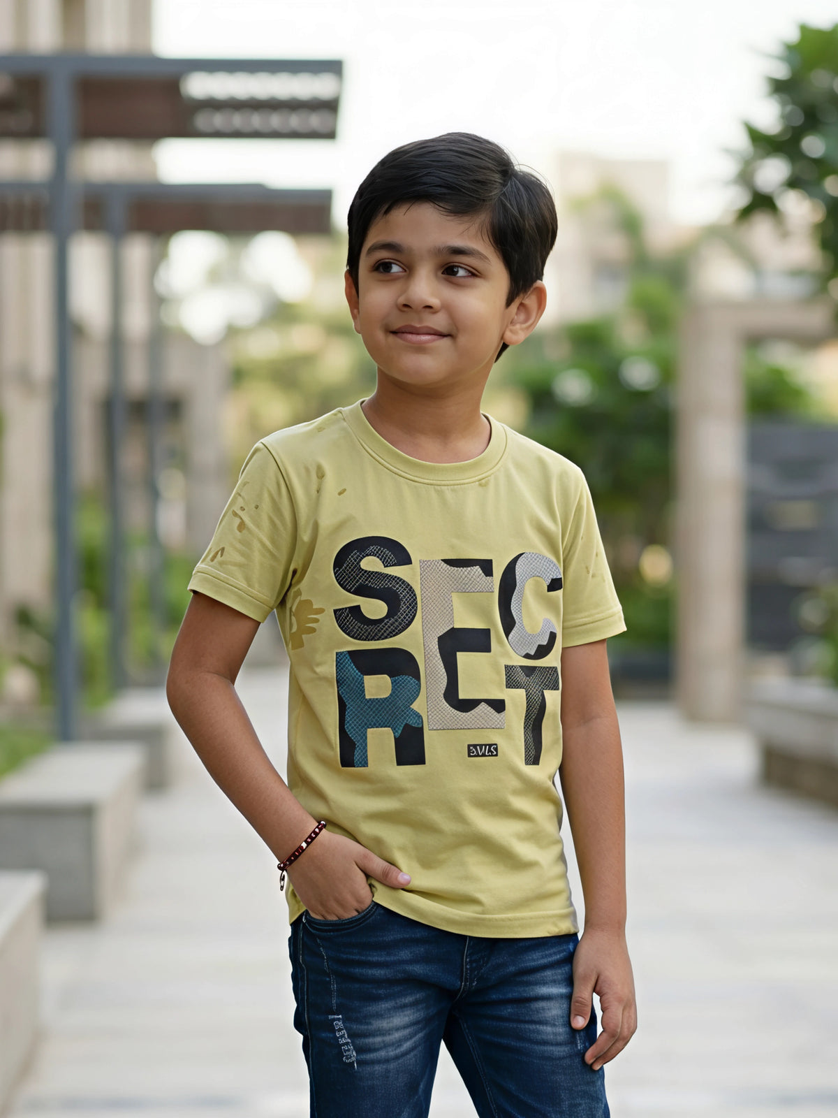 Boys Lime Green "SECRET" Graphic Print Cotton T-Shirt