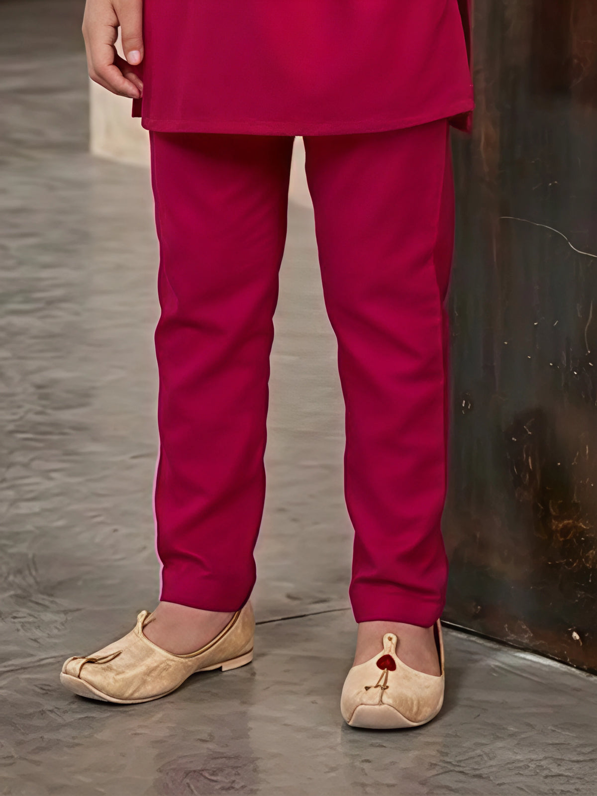 Boys Rani Pink Lotus Embroidered Kurta & Nehru Jacket Set