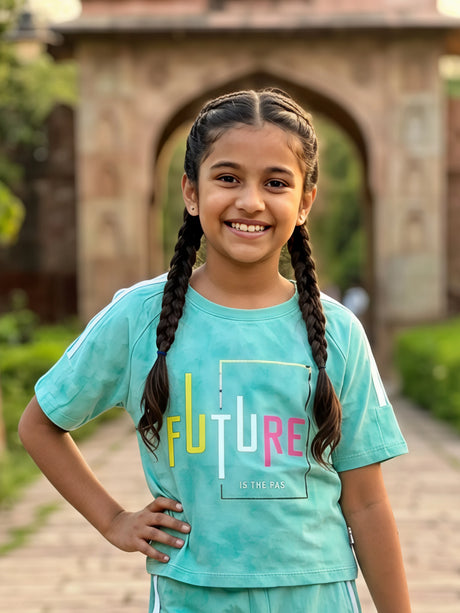 Girls Green "FUTURE" Printed Cotton Blend T-Shirt and Shorts Co-ord Set