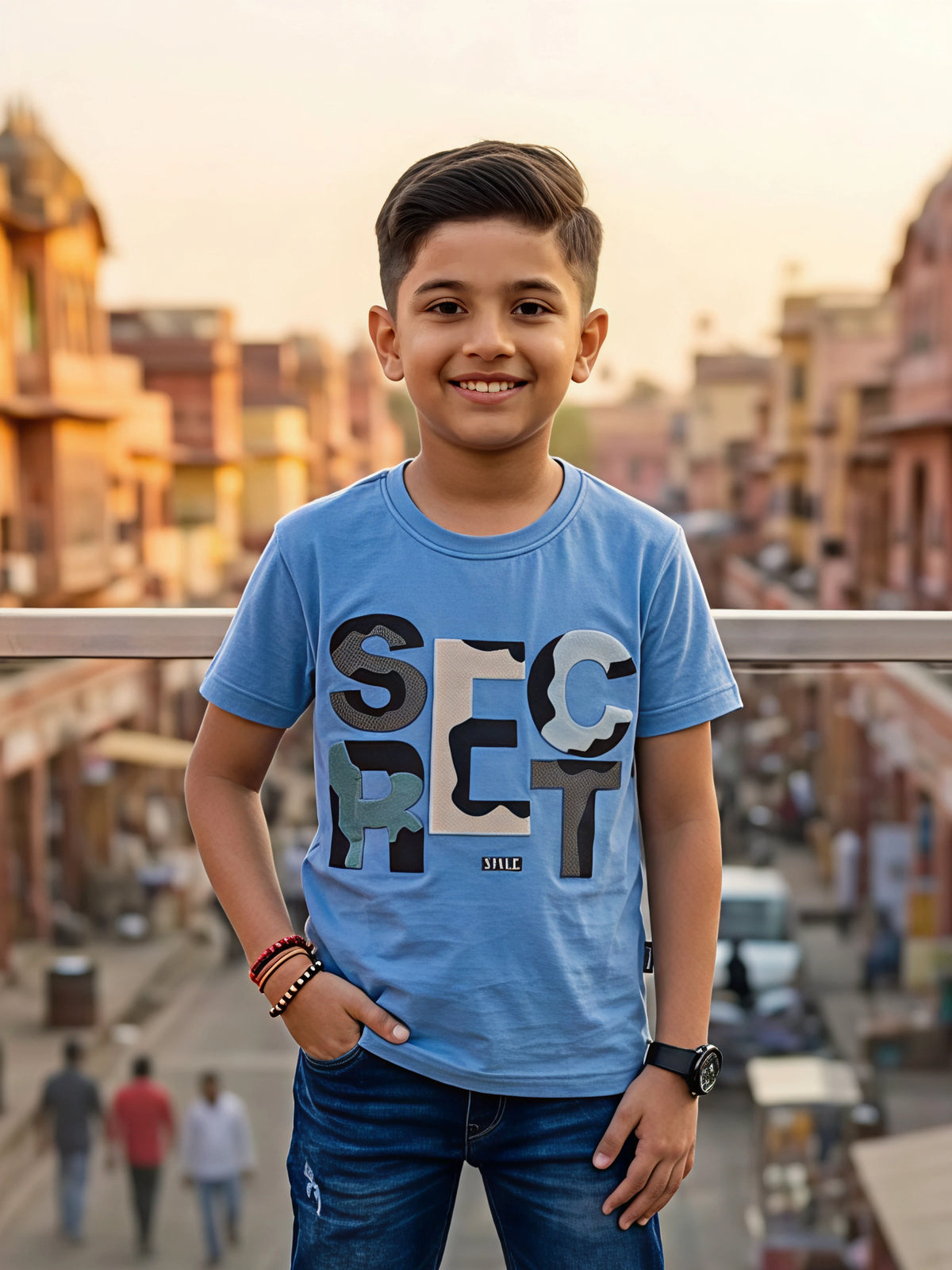 Boys' Sky Blue "SECRET" Graphic Cotton T-Shirt