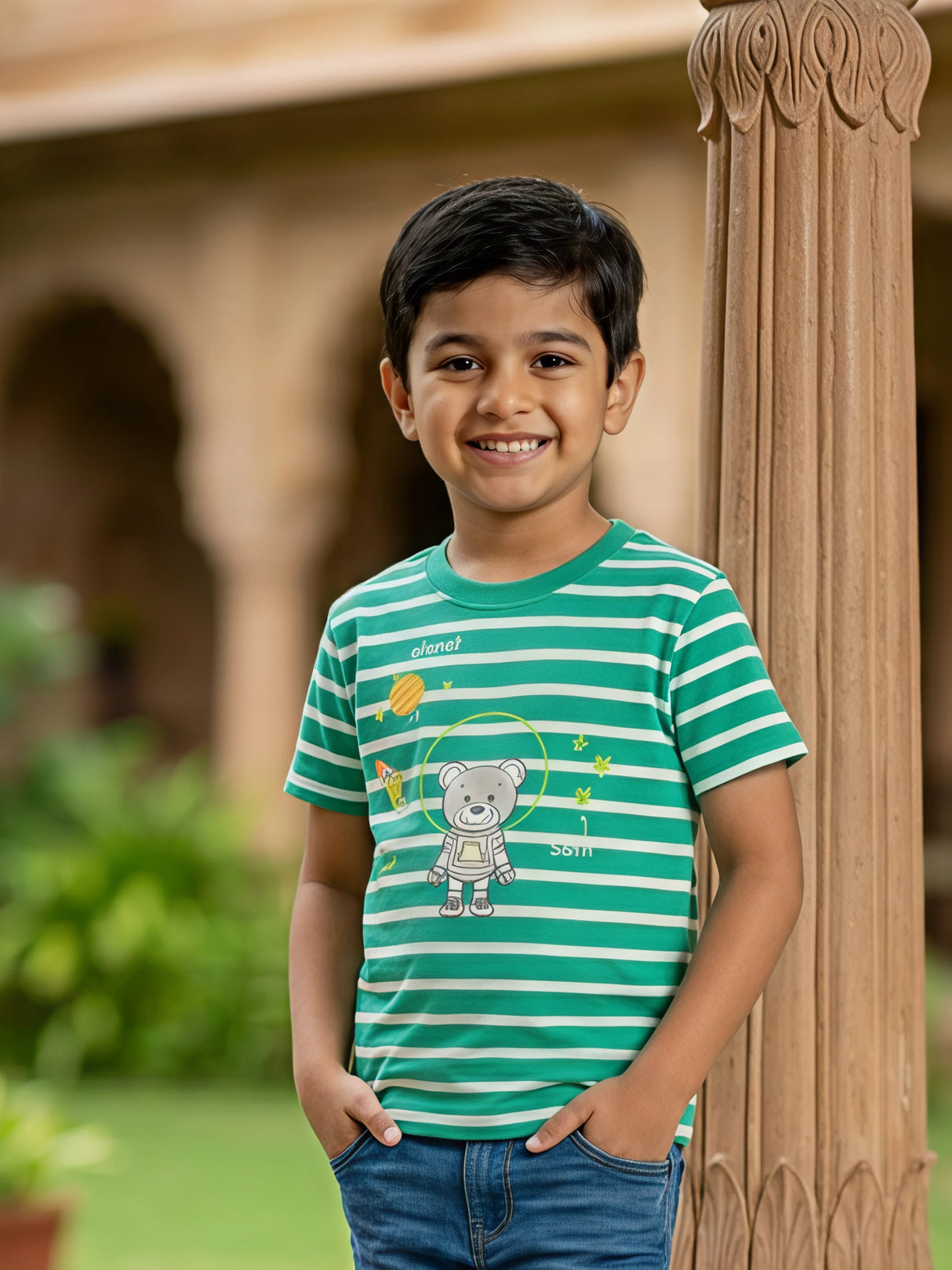 Boys Green Astronaut Bear Striped T-Shirt