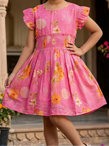 Girls Pink Floral Smocked Waist Frock with Flutter Sleeves