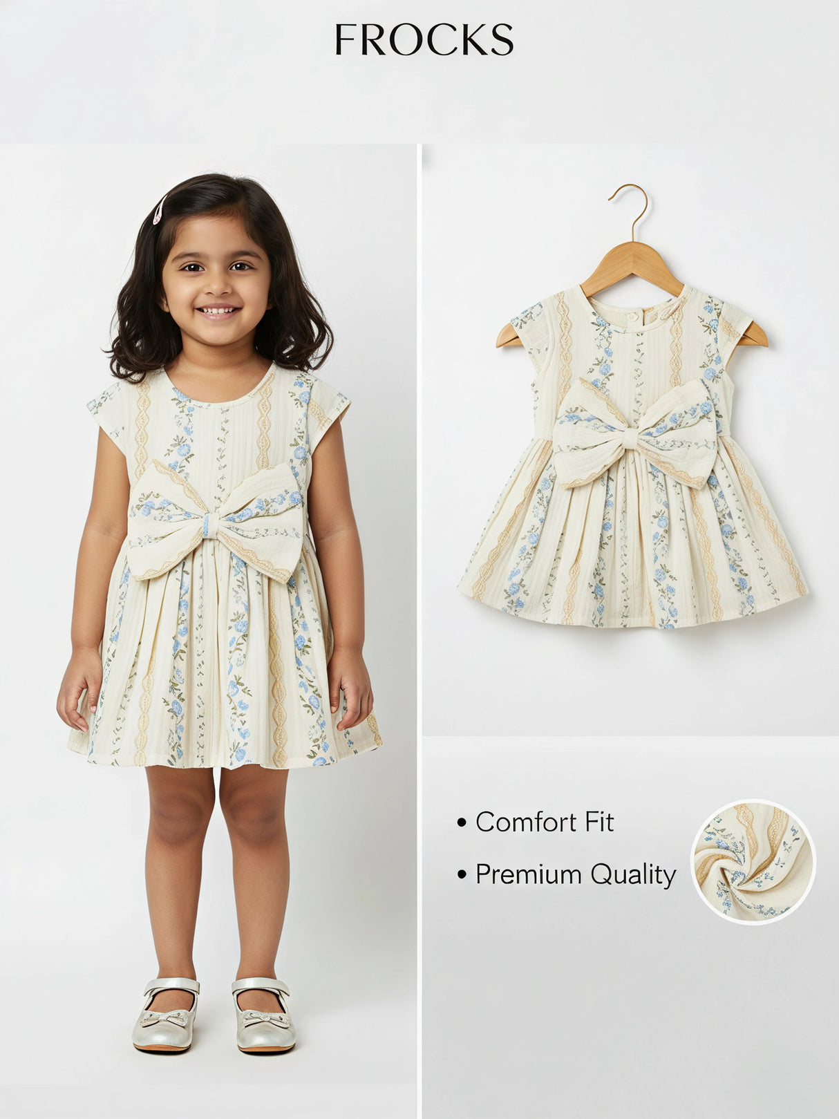 Blue Floral Cotton Frock with Oversized Bow