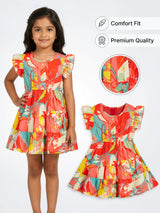 Vibrant Orange Floral Tiered Frock for Girls