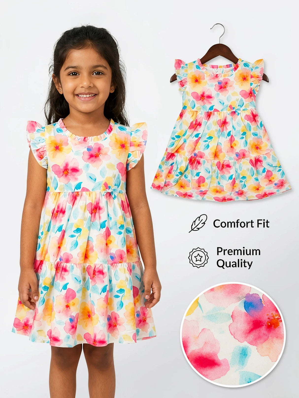 Girls Pink Floral Tiered Cotton Frock