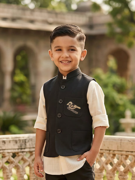Boys Cream Shirt & Navy Blue Waistcoat Set