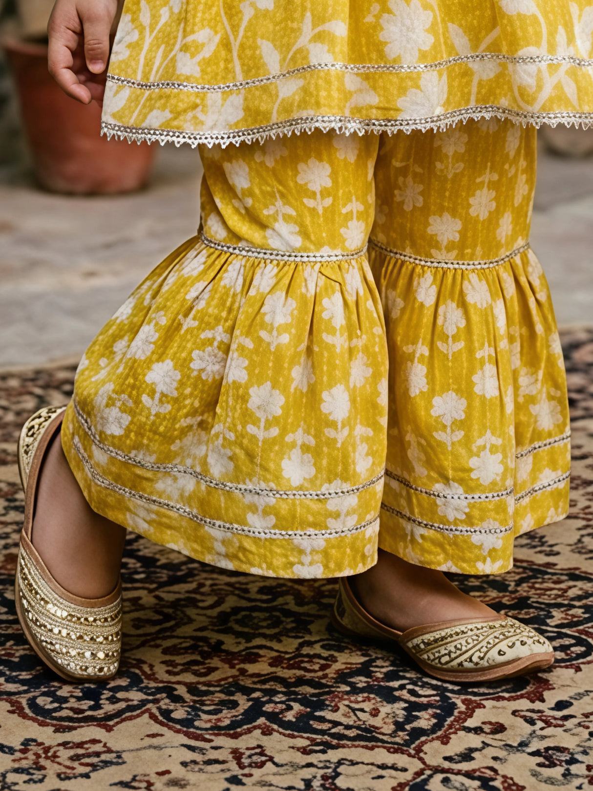 Baby Girls' Mustard Yellow Floral Print Kurti and Ruffled Plazzo Set