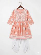 Girls Peach Chikankari Embroidered Frock Kurta with Dhoti Pants Set