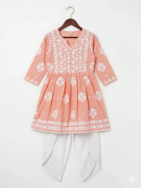 Girls Peach Chikankari Embroidered Frock Kurta with Dhoti Pants Set