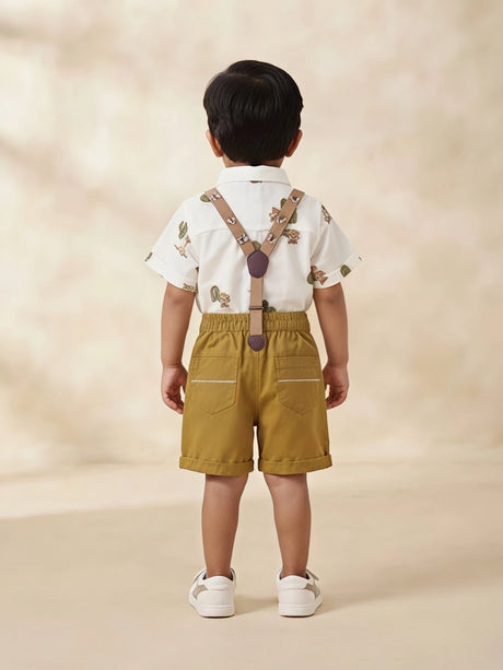 Infant Boys Cream Printed Dungaree Set.