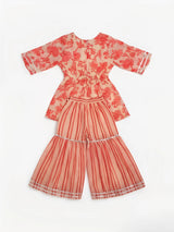 Cream Floral Print Sharara Set with Embroidered Neck Kids Ethnic Wear