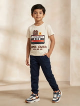 Cream boys t-shirt with pixel art bear and duck cassette graphic print.