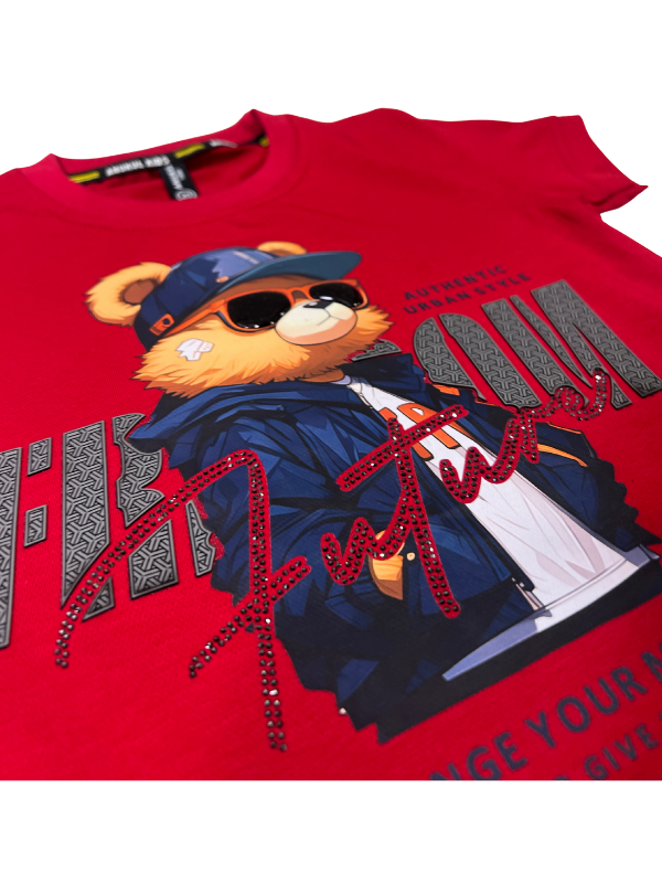 Boys' "Future Freedom" Teddy Bear Graphic T-Shirt - Red Color