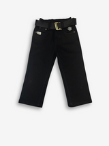 Boys' solid black casual or denim pants with an elastic waist, straight leg, and a thick black web belt with a prominent rectangular silver buckle.

Export to Sheets