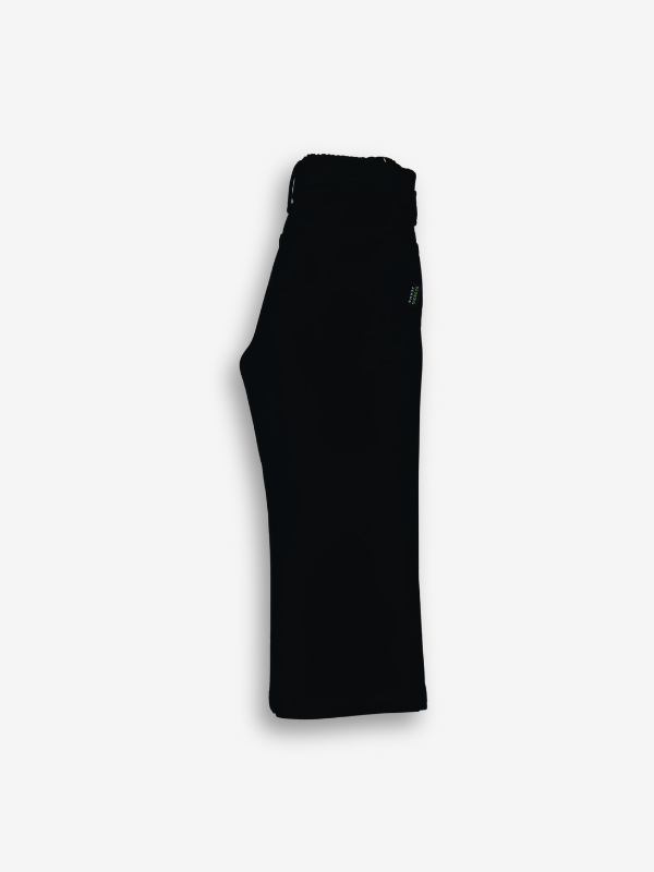 Boys' solid black casual or denim pants with an elastic waist, straight leg, and a thick black web belt with a prominent rectangular silver buckle.

Export to Sheets