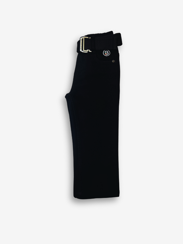 Boys' solid black casual or denim pants with an elastic waist, straight leg, and a thick black web belt with a prominent rectangular silver buckle.

Export to Sheets