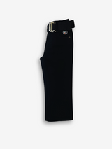 Boys' solid black casual or denim pants with an elastic waist, straight leg, and a thick black web belt with a prominent rectangular silver buckle.

Export to Sheets